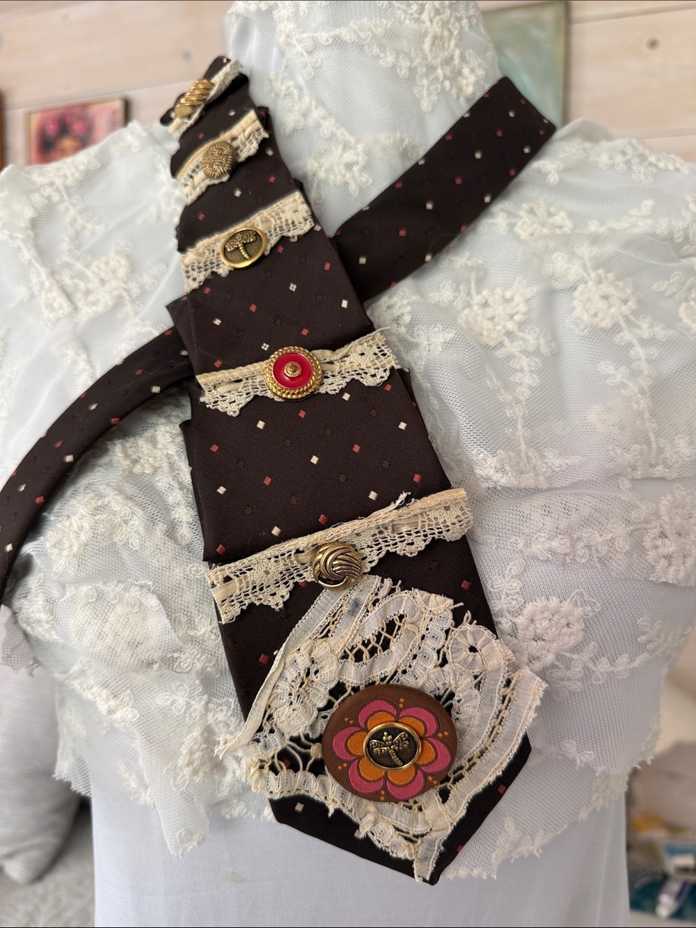Upcycled Vintage Brown Necktie Art Scarf - Picture 3 of 9